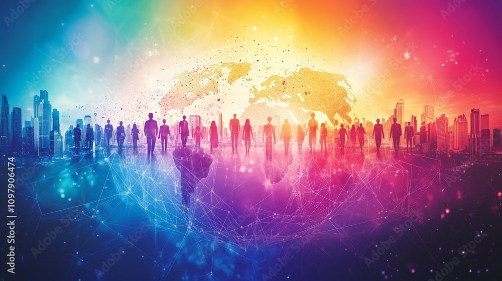 Fototapeta premium A colorful depiction of global connection featuring diverse silhouettes over a world map, symbolizing networking, collaboration, and unity in a vibrant cityscape setting.