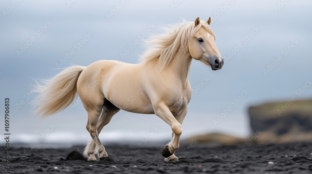 Naklejka premium Icelandic Horse Galloping on Black Sand Beach with Cliffs and Ocean