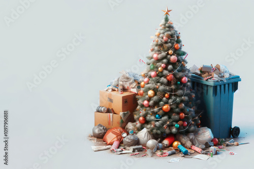 A Christmas tree among the garbage. Space for text. photo