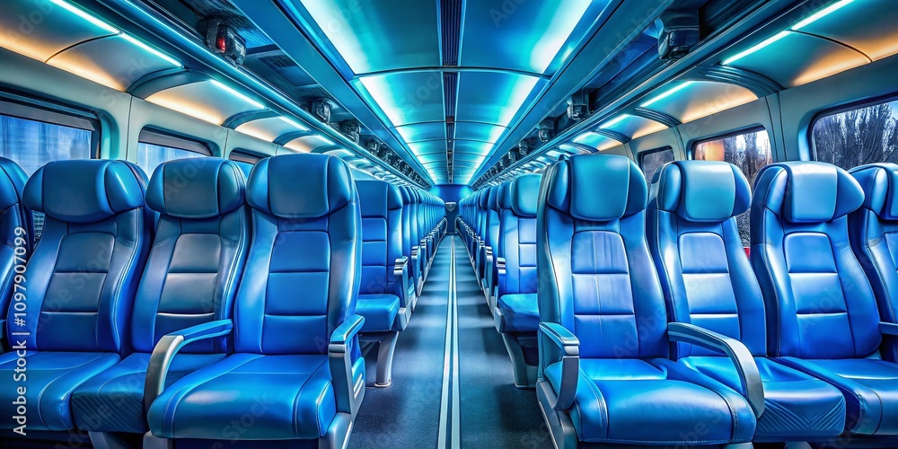 Fototapeta premium Long Exposure of Rows of Blue Leather Seats in a Commuter Bus Highlighting Urban Transportation and Empty Spaces for a Serene Atmosphere