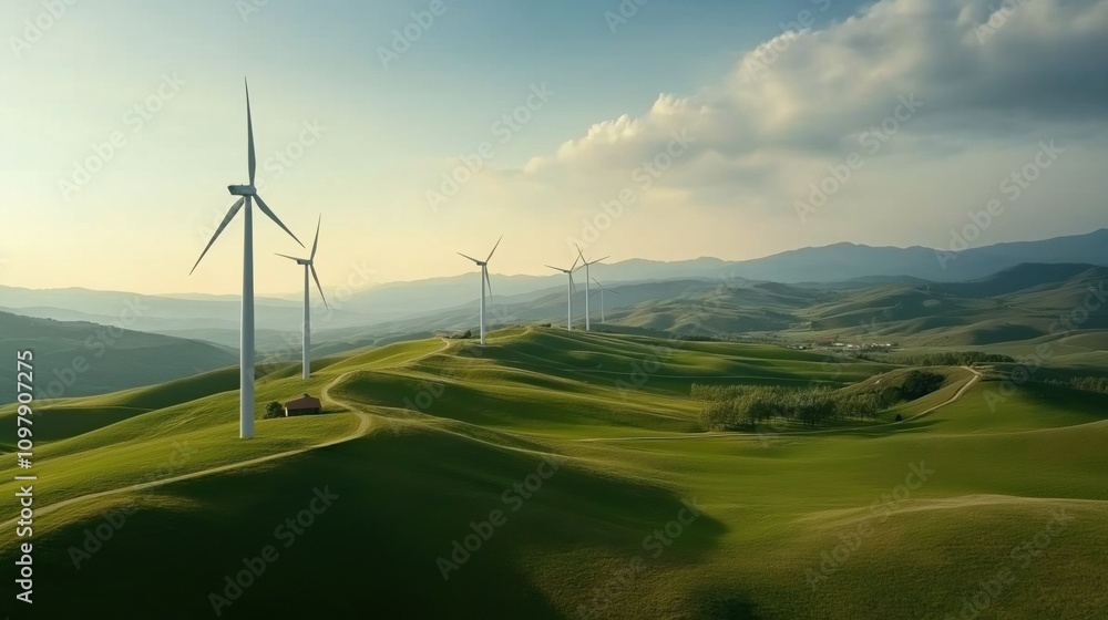 Wind turbines tower over lush green hills, harmonizing modern technology with serene landscapes in a sustainable energy environment Wind turbines tower over lush green hills, harmonizing modern technology with serene landscapes in a sustainable energy environment