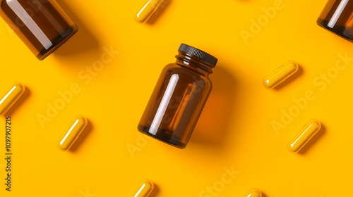 Amber Glass Bottles with Yellow Capsules on Orange Background