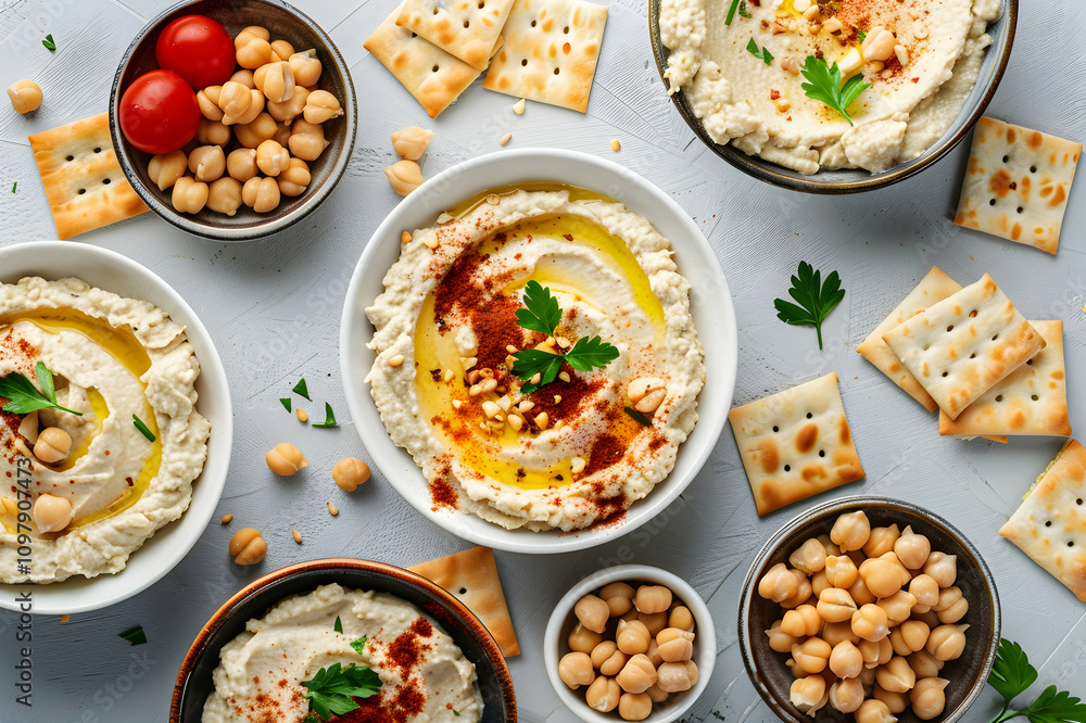 Top view of bowls with delicious hummus and crackers on grey background Top view of bowls with delicious hummus and crackers on grey background