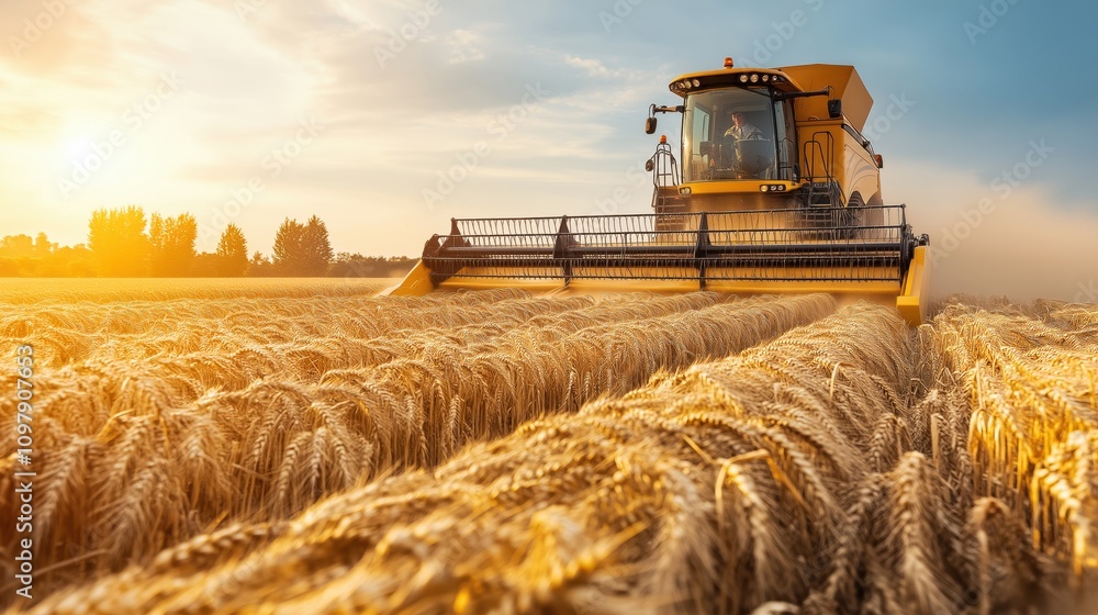 Fototapeta premium Massive combine harvester efficiently cuts golden wheat in expansive rural landscape under bright summer sky