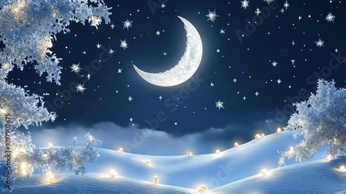 Enchanted Winter Night Crescent Moon, Snow, Lights, and Stars