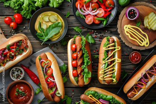 Wallpaper Mural various delicious hot dogs with vegetables and sauces on wooden table Torontodigital.ca