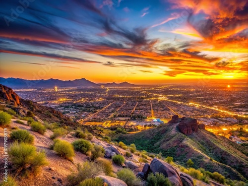 Low Light Photography of Arizona's Valley of the Sun: A Stunning View of Glendale, Peoria, and Phoenix from North Mountain Park with Expansive Copy Space