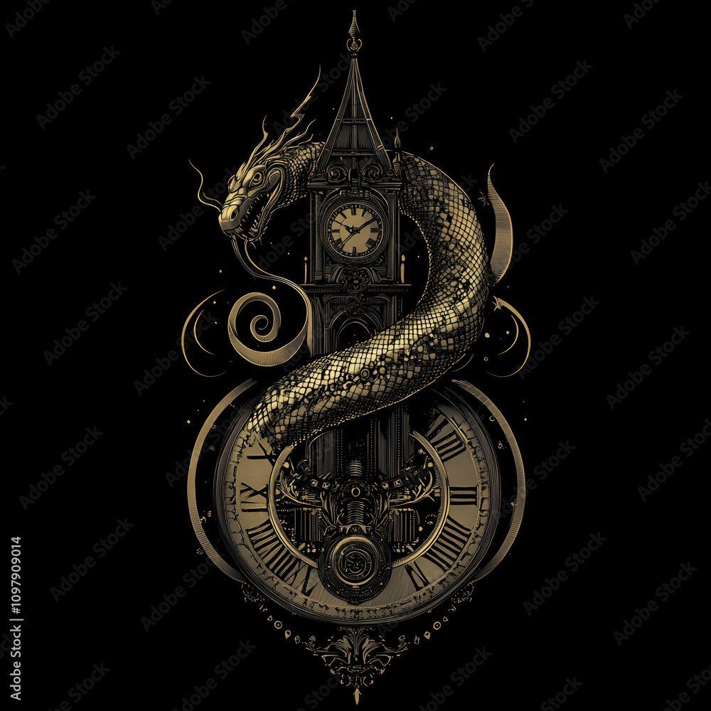 Obraz premium Mechanical serpent coiling around clock tower urban fantasy scene digital art nighttime dramatic perspective time and nature fusion