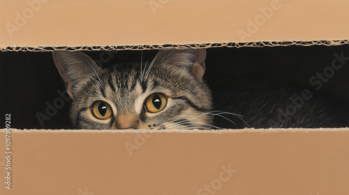 Grey Tabby Cat Nestled in Cardboard Box in Cozy Home Setting