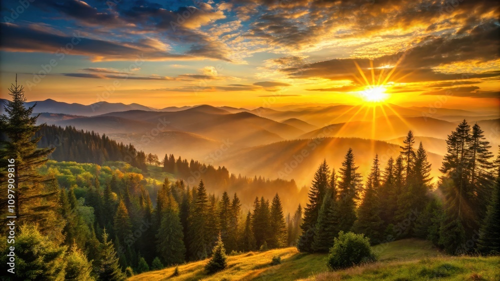 Obraz premium Golden Hour Rays Illuminating a Misty Mountain Landscape, Where Pine Trees Stand Tall and Proud, Bathed in Warm Light