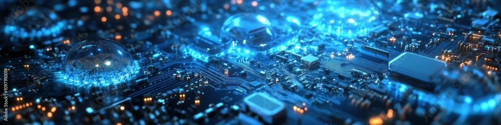 Detailed glowing blue microchip with orange accents, symbolizing technology, electronics, and futuristic innovation Detailed glowing blue microchip with orange accents, symbolizing technology, electronics, and futuristic innovation