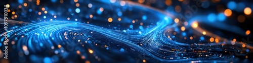 Dynamic swirling blue and orange light trails with particles, representing data streams, futuristic energy, and abstract networks