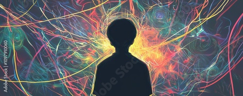 A silhouette of a child against a vibrant, colorful background of swirling light and energy, symbolizing imagination and creativity. photo