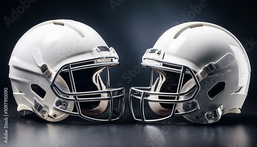 Facing Off: Dual White Football Helmets on a Dramatic Dark Background