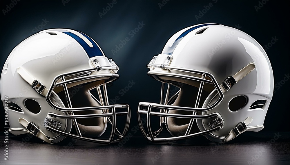 Fototapeta premium Facing Off: Dual White Football Helmets on a Dramatic Dark Background