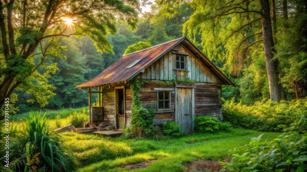 Fototapeta premium A rustic wooden cabin nestled amongst a lush forest bathed in the warm glow of the setting sun.