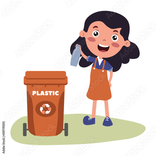 Young girl happily recycling a plastic bottle by bin in a bright, cheerful setting