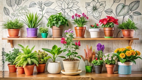 Lush Houseplants and Vibrant Flowers in Decorative Pots for Stylish Apartment Decor, Showcasing Eco-Friendly Interior Design with Unique Petal Shapes photo