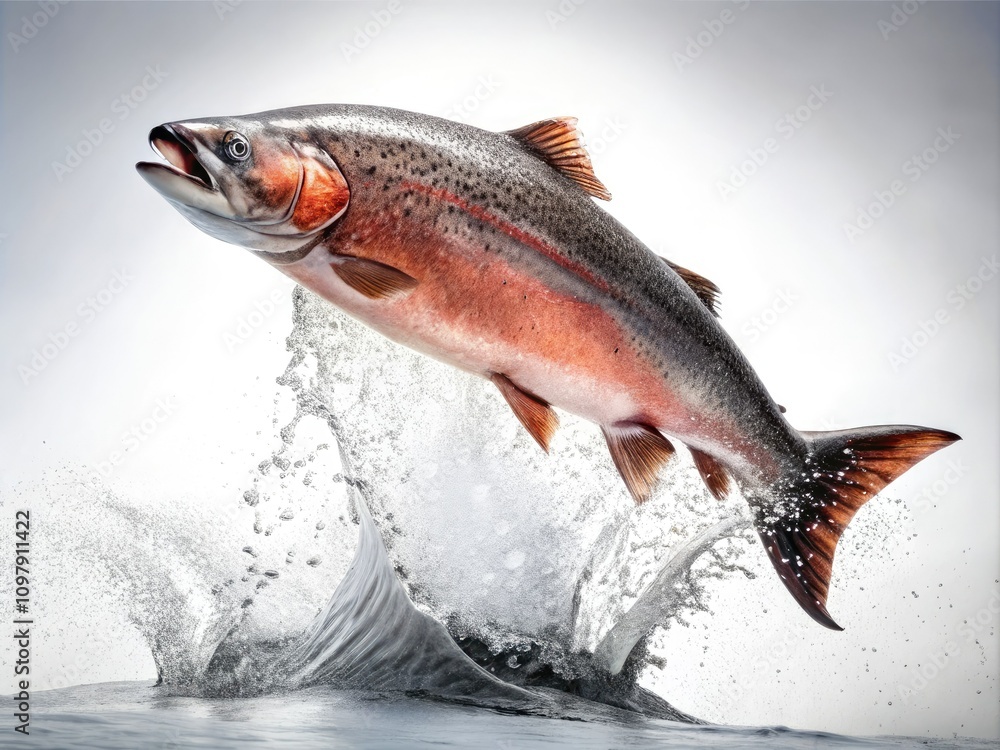 Obraz premium Stunning Silhouette of Salmon Fish Jumping Against a White Background â€“ Nature, Wildlife, Freshwater, Aquatic Life, Dynamic Movement, Fish Behavior, Sport Fishing, Natural Habitat, Outdoor Adventure