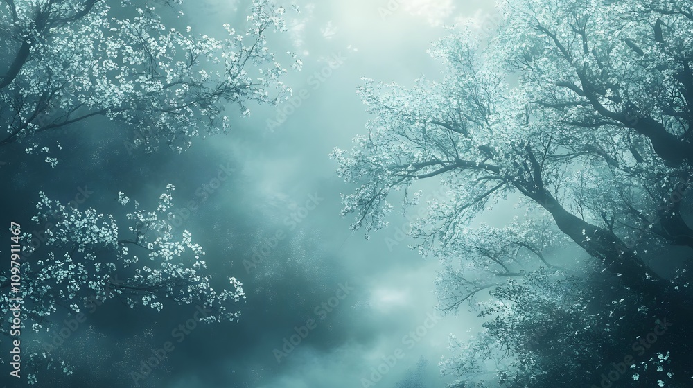 Fototapeta premium Mysterious forest with misty atmosphere and blooming trees.