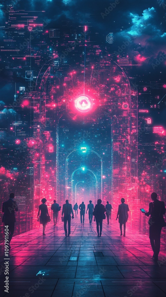 A group of business people walking on a rooftop, with a city background featuring glowing digital elements, a sky with a sunset and stars A group of business people walking on a rooftop, with a city background featuring glowing digital elements, a sky with a sunset and stars