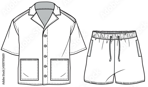 boys resort wear coordinate set flat sketch vector illustration technical cad drawing template