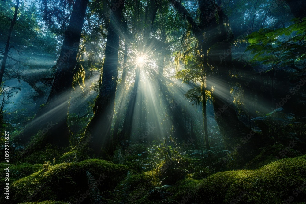 Fototapeta premium Sunlight Beams Through a Dense Forest