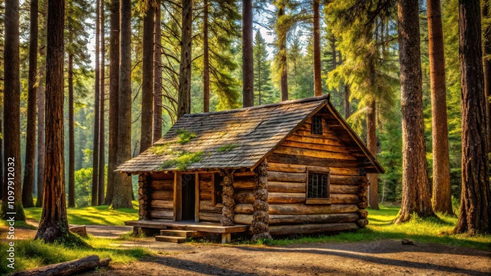 A Rustic Log Cabin Nestled Amidst a Tranquil Forest, Bathed in the Warm Glow of the Setting Sun A Rustic Log Cabin Nestled Amidst a Tranquil Forest, Bathed in the Warm Glow of the Setting Sun