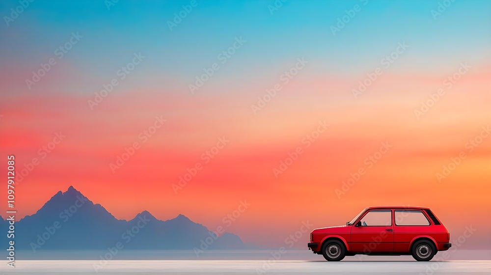 Classic red car against a vibrant sunset landscape Classic red car against a vibrant sunset landscape