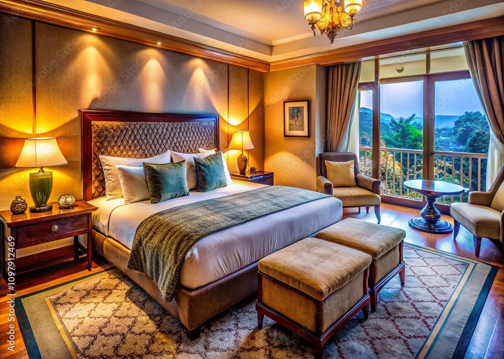 Fototapeta premium Luxurious Hotel Room with King Size Bed, Elegant Wooden Furniture, and Warm Lighting for Ultimate Relaxation and Comfort in a Cozy Atmosphere