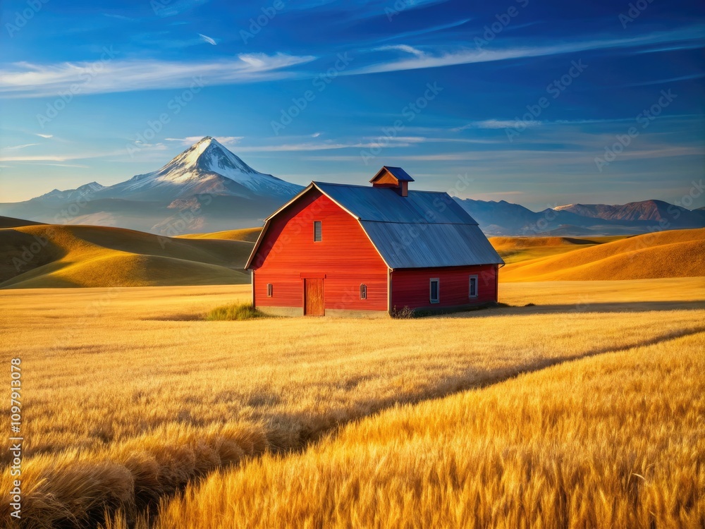 Vibrant Red Barn Amidst Golden Wheat Fields with Majestic Mountains in the Background Vibrant Red Barn Amidst Golden Wheat Fields with Majestic Mountains in the Background