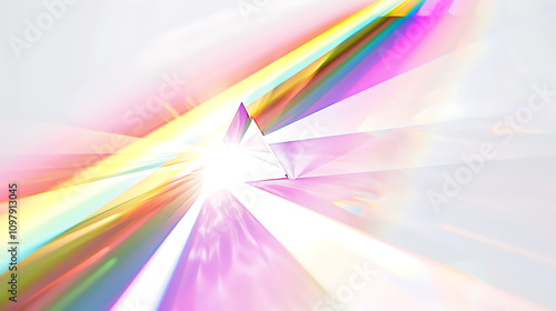 Colorful Light Refraction Through Glass Prism Creating Vibrant Patterns and Rays on White Background, Symbolizing Creativity and Inspiration in Artistic Design