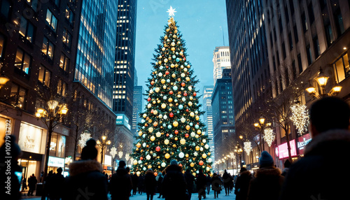 Towering Christmas tree in a bustling city center with festive lights and holiday charm.

 photo