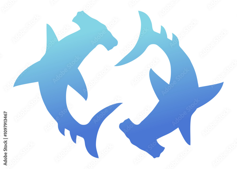 Ilustración de vida marina. Silueta aislada de 2 tiburones martillo girando en círculo Ilustración de vida marina. Silueta aislada de 2 tiburones martillo girando en círculo