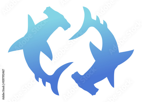 Ilustración de vida marina. Silueta aislada de 2 tiburones martillo girando en círculo