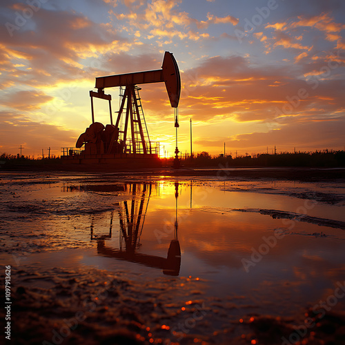 stunning sunset over oil pump jack, reflecting in puddles, showcases beauty of industrial energy production. vibrant colors evoke sense of tranquility amidst machinery photo