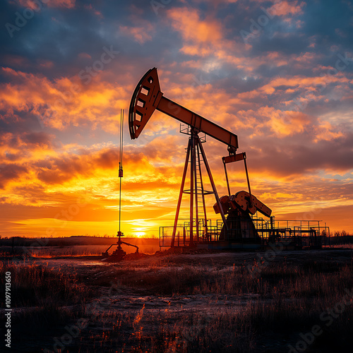 Sunset over oil pump jack silhouetted against vibrant sky, showcasing energy industry. scene captures beauty of nature and industrial progress photo