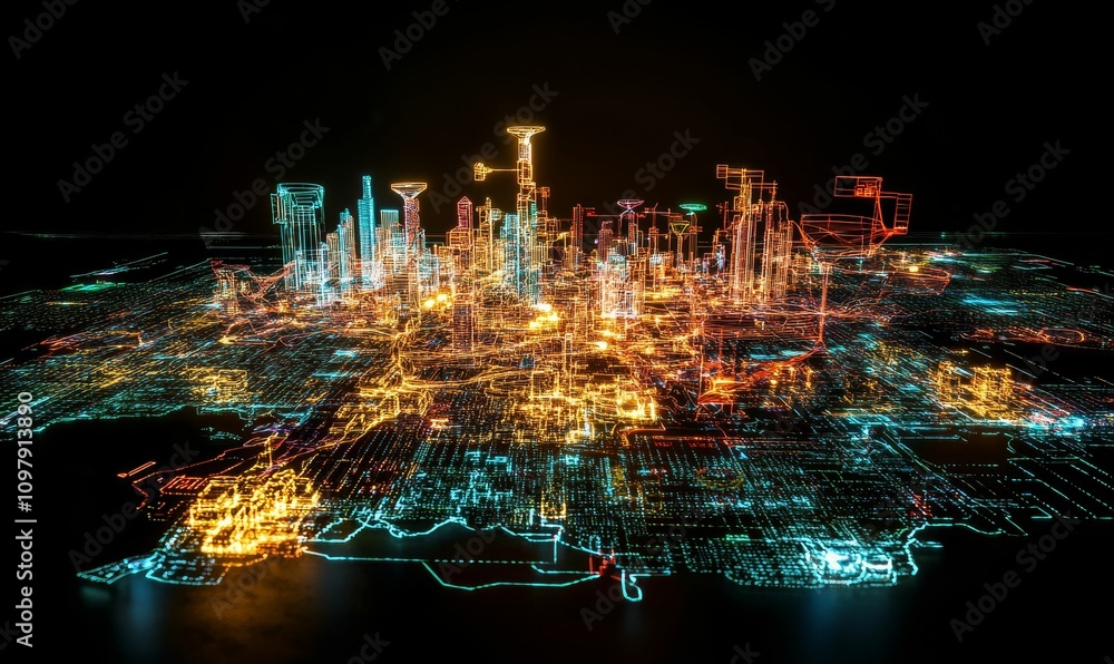 Obraz premium Neon city skyline, digital wireframe, futuristic.