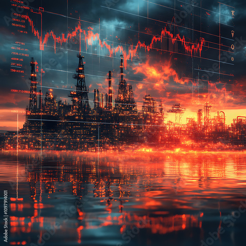 image showcases industrial landscape with oil rigs and dramatic sunset, reflecting on water. scene conveys sense of energy and economic activity