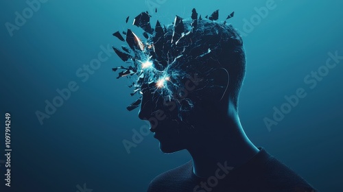 A futuristic silhouette with a fragmented head, emitting light, symbolizing creativity and the exploration of consciousness in a dark, serene environment. photo