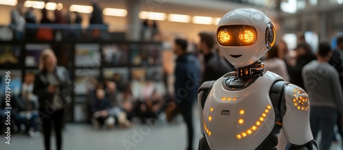 Wallpaper Mural A cheerful humanoid robot stands amidst a crowded exhibition space. Torontodigital.ca