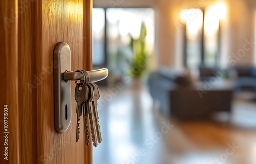 A key with a house-shaped fob hanging on a door handle in a modern home interior, a real estate concept, close-up. High-quality photo. Blurred background concept