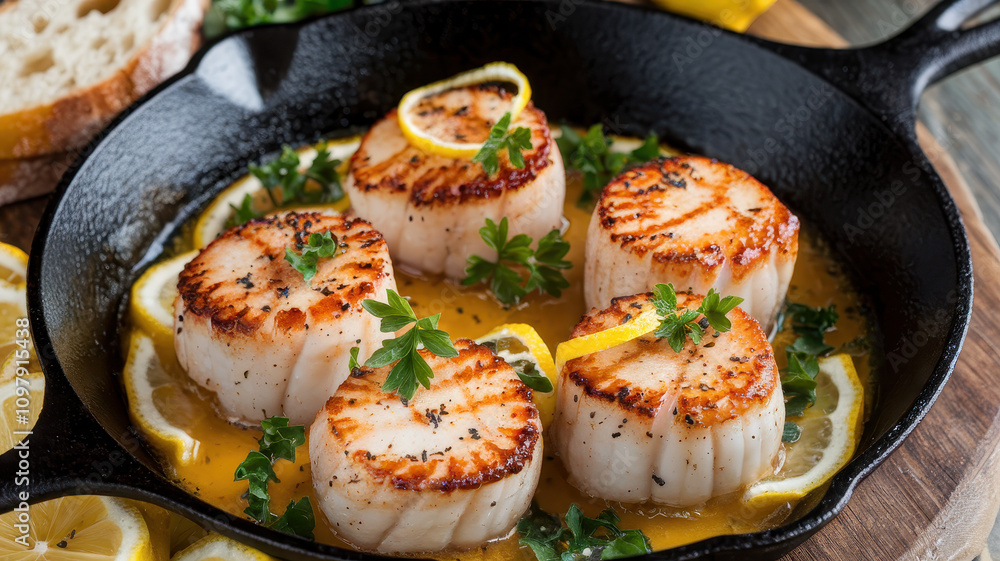 A delectable dish featuring perfectly seared scallops garnished with fresh parsley and lemon slices, served in a skillet for a vibrant presentation. A delectable dish featuring perfectly seared scallops garnished with fresh parsley and lemon slices, served in a skillet for a vibrant presentation.