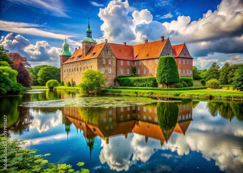 Naklejka premium Majestic Aalborghus Castle: A Glimpse into 16th Century Danish Architecture and History, Showcasing Its Timeless Elegance Amidst a Picturesque Landscape in Aalborg, Denmark