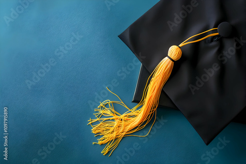 Wallpaper Mural Top view of black graduation cap with tassel on books on red background Torontodigital.ca
