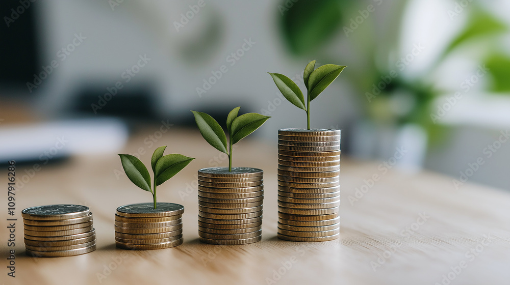 Series of stacked coins forming a growth chart, placed against white background - Symbolic and organized, soft natural light Series of stacked coins forming a growth chart, placed against white background - Symbolic and organized, soft natural light