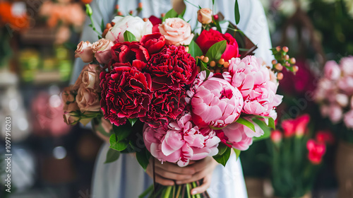 Fototapeta Naklejka Na Ścianę i Meble -  A vibrant bouquet of pink peonies and red hydrangeas held by a woman, highlighting the floral shop concept and the delivery of fresh bouquets in red and pink tones.