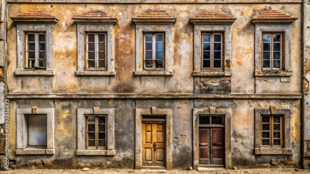 Fototapeta premium Weathered facade with windows and doors, showcasing the passage of time and the enduring strength of architectural design
