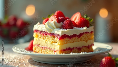 Slice of layered cake with whipped cream and strawberries on a plate