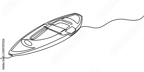 Single continuous line drawing canoe trails and rafting club with kayaking equipment. Vector illustration of kayak canoe rowboat sailboat yacht isolated on white background. Recreational sport 